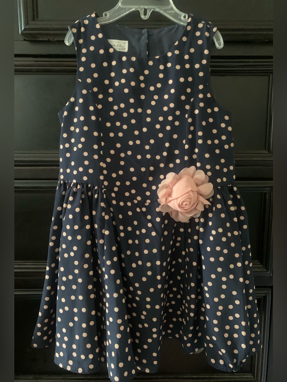 Pippa & Julie Navy Dress with Pink Polka Dots and Pink Floral Waist